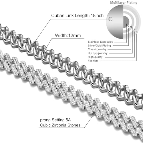 HDMENC Mens and Womens Miami Cuban Link Chain Necklace 12mm Diamond Prong Cuban Chain 18/20/24inch Length Hip Hop Jewely2