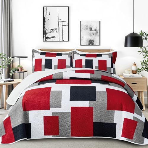Image of Tyrot 3 Piece Red Black Grey Quilts King Size Red White Gray Bedding Set | Lightweight Bedspread, Geometric Coverlet with 2 Sham, Modern Abstract Soft Microfiber, Bed Cover for All Season, 106''x96''