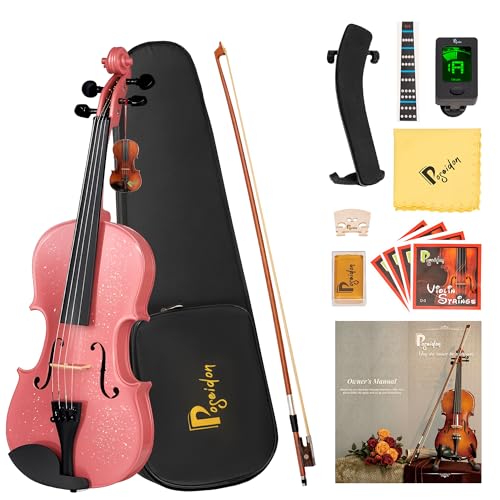 Poseidon 3/4 Violin for Beginners, Violin Set with Fiddle for Students Violin Starter Kit/Hard Case, Bow, Rosin, Horse Bridge, Extra Strings, Shoulder Rest, Clip-on Tuner, Manual - Glossy Pink