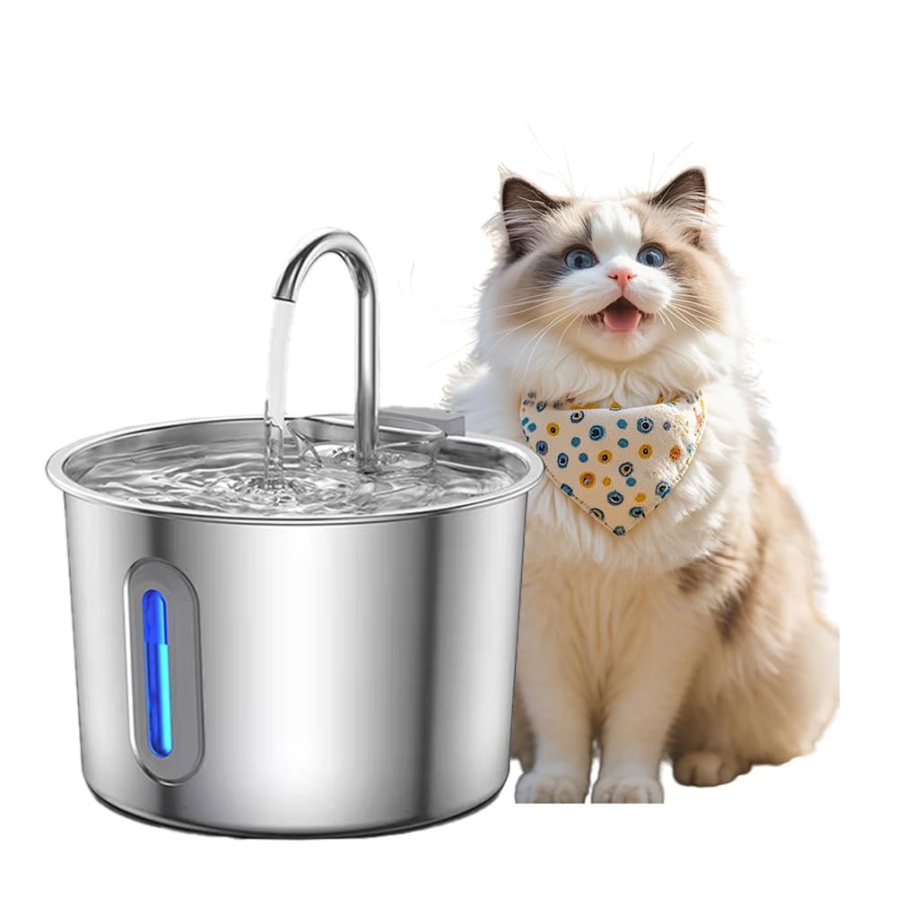 Cat Water Fountain for Drinking, Stainless Steel Cat Drinking Fountain 2.2L Ultra Quiet Pet Water Fountain Faucet Design Cats Bowl with Led Light and Visible Water Level Window