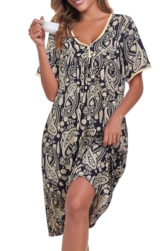 Image of AVIIER Nightgows for Women Soft Cotton Night Shirts Short Sleeve Sleepwear with Pockets