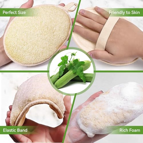 Natural Loofah Sponge Exfoliating Body Scrubber (2Pcs), Loofah Exfoliating Facial Scrubber(2Pcs), Made of Natural Luffa and Terry Cloth, Suitable for Bath Shower Loofah Sponge on Body and Face