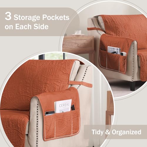 Image of Burnt Orange Sofa Covers with Pockets, Anti-Slip Medallion Couch Covers for 3 Cushion Couch Sofa, Couch Cover for Dogs Water-Repellent Machine Washable (Large Sofa 68 inch, Burnt Orange)