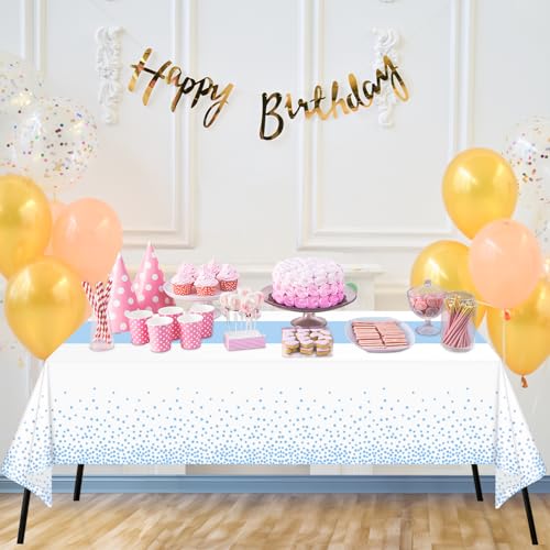 Image of WNINK 4 Pack White and Light Blue Tablecloths, Light Blue Disposable Plastic Waterproof Table Cover, 54 inch x 108 inch, for Birthday, Baby Shower,Wedding, Bridal Shower, Picnic Camping Parties