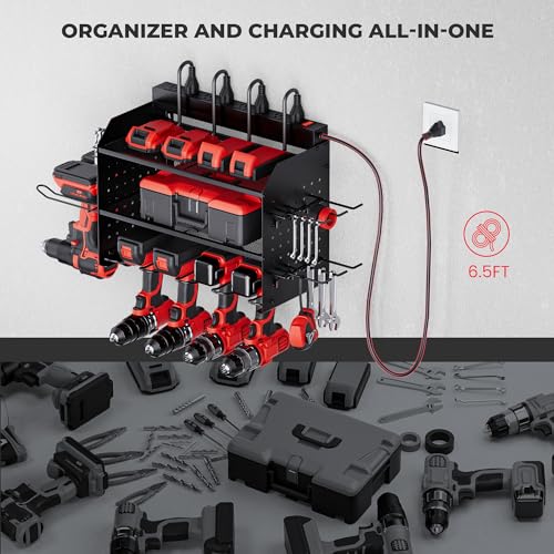 Trzz TXT202301-BLACK Power Tool Organizer With Charging Station, 3-Layer, 8 Outlets, Cordless Drill Holder thumb #3