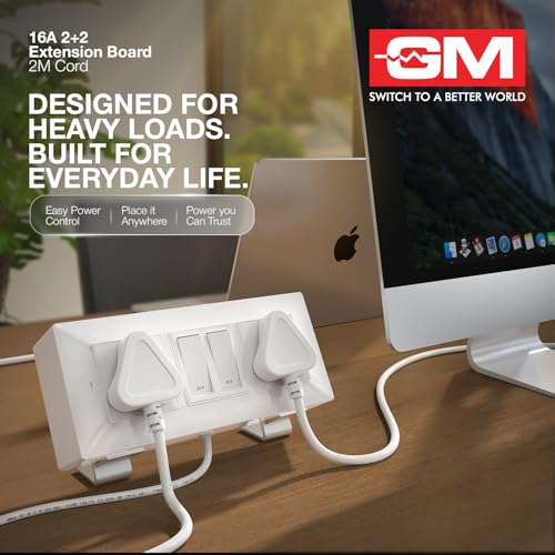 Image of GM Cuba 16A 2+2 Extension Board with 2Mtr Extension Cord, Heavy-Duty Power Strip with Dual 20A Switches, 16A 3-Pin Plug,for High-Power Appliances, Home, Kitchen & Office Use, White