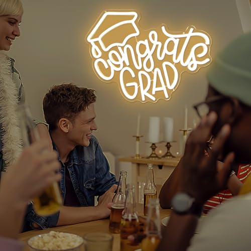 Image of Congrats Grad Neon Sign Graduation Cap Neon Led Sign Dimmable Congrats Neon Sign for Wall Decor Graduation Party Neon Light Sign for Class Room Party Room Dorm Backdrop Celebration Gifts
