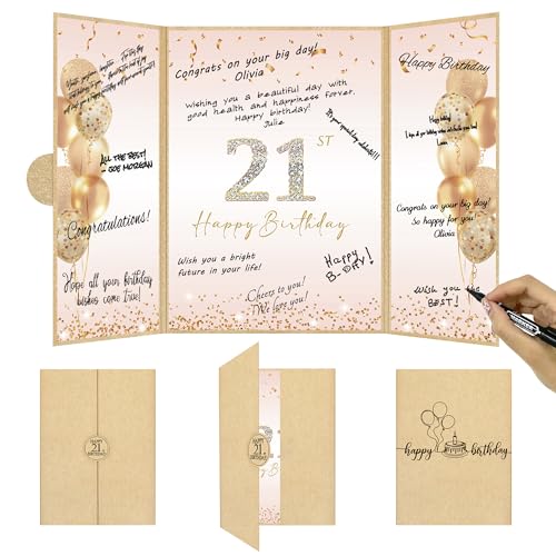 Image of DARUNAXY Champagne Happy 21st Birthday Alternative Signature Guest Book | 21st Birthday Party Decorations for Girls Women, Cheers to 21 Years Old Gifts 21 Birthday Signing Card Board Party Supplies