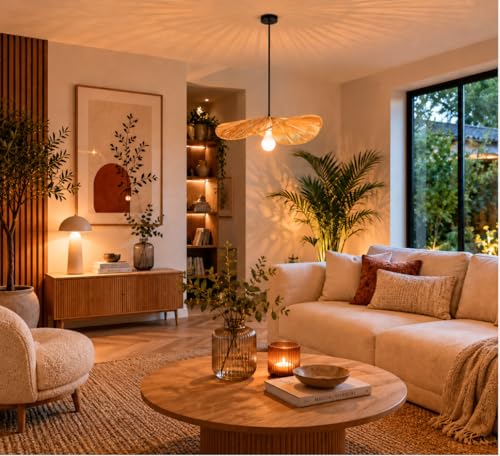 KONTARBOOR Suspension luminaire Bohème en corde, couleur Beige 40 x12 cm.Luminaire d'intérieur