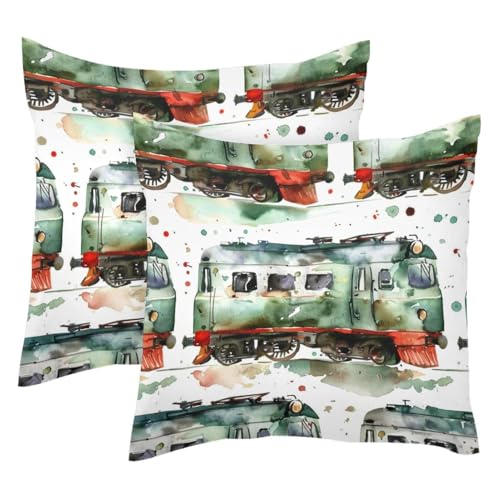 Housses de coussin vert 50x50 velours doux décoratives train rétro - 2