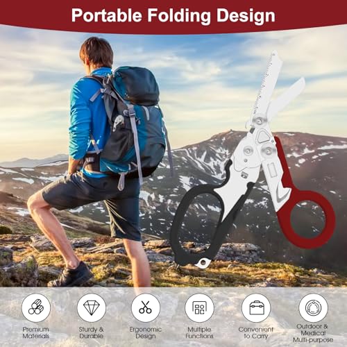 Image of 6 in 1 Multifunctional Combination Tool, Folding Retractable Emergency Shears, Outdoor Camping Tools, Seat Belt Cutter, Oxygen Cylinder Wrench, Complimentary Adjustable Wrench (dark red)