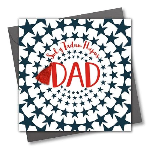 Claire Giles Greeting Cards, Welsh Father's Day Card, Sul y Tadau Hapus, Star Burst Dad, Tassel Embellished