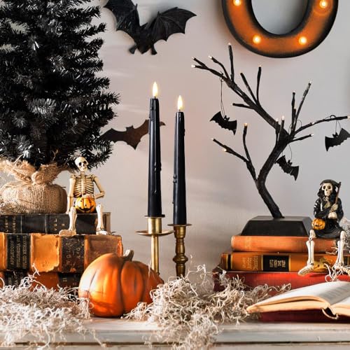 Image of Stmarry Black Flameless Taper Candles with Remote and Timer - 9.65 Inch Real Wax LED Candlesticks - Wax Drip Battery Operated Halloween Taper Candles with 3D Flickering Flame Halloween Decor, 3 Pack