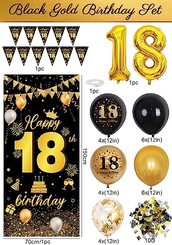 Miniatura 3 de Decoraciones De Cumpleaños Número 18 Para Niños Y Niñas, Globos De Cumpleaños Número 18 Negro Y Dorado Con 18 Globos, Pancarta De Bandera Triangular, Pancarta Decoración De Suministros De Fiesta De