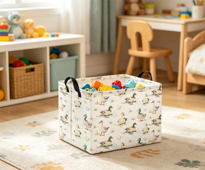 Image of Rectangular Baby Kids Storage Basket for Home Kitchen Girls Cute Toy Storage Bin Organizer Shelf Book Room Decor(Duck)