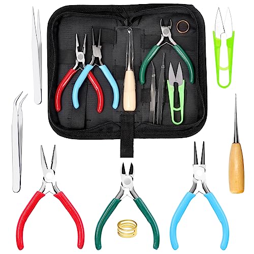 Swpeet 9Pcs 4.5Inch Jewelry Making Assortments Kit, 3 Types Jewelry Pliers Needle Nose Pliers Round Nose Pliers Wire Cutters, with Awl, Tweezers, Thimble Ring, Scissors, Jewelry Making Supplies