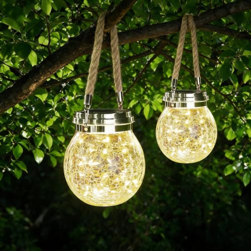 Image of ROSHWEY Solar Lantern, 2 Pack Garden Decor Lights Waterproof Outdoor Lanterns with 30 LED Solar Lights Patio Hanging Lights for Backyard Fence Pathway Porch Decorative, Warm White