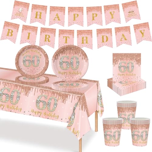MORAINJAY Set di Stoviglie per Compleanno 60 Anni 70 Pezzi, Piatti di Carta Oro Rosa, Bicchieri, Tovaglioli, Bandiere di Carta, Decorazione da Tavola per Compleanno 60 Anni per Uomo Donna