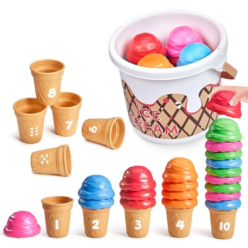 JoyCat Ice Cream Preschool Learning Activities Counting and Color Sorting Set Stacking Toys for Kids 3-5, Safety Fine Motor Skills Toy, Math Learning Resources Easter Basket Stuffers for Toddler 30PCS