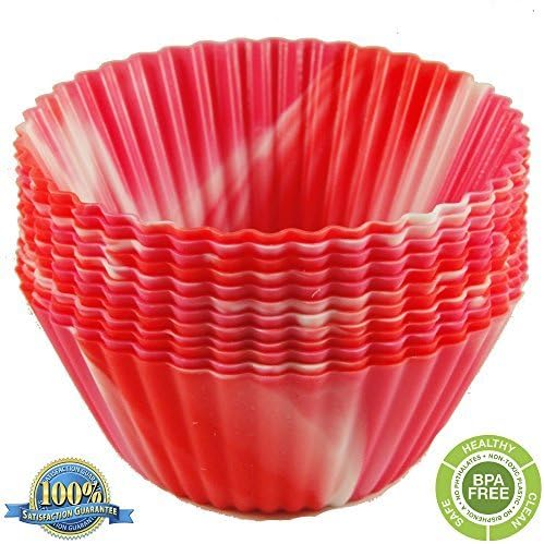 The Original Premium Quality Tie Dye Silicone Cupcake Liners / Reusable Baking Cups - Environmentally Friendly with Easy Peel Technology! (12 Pack - Valentine - Red & White & Pink)