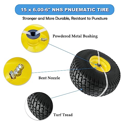Image of 2-Pack of 15x6.00-6 NHS tire with Rim,Pneumatic wheel,3 inchoffset Hub with 3 /4 inchBushing,4PR Lawn mower tires 15x6-6,for John Deere Riding Mowers 100 and D100 Series,Troy Bilt Lawn Mower Parts