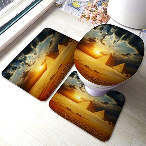 Badezimmerteppich-Set, 3-teilig, ägyptische Pyramiden bei Sonnenuntergang, waschbare Badeteppiche, rutschfest, mit Rückenpolster, Konturteppich und Toilettendeckelbezug
