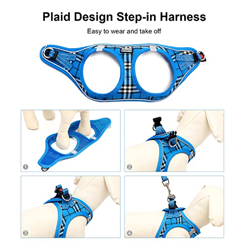 Suredoo Hundegeschirr Kleine Hunde mit Leine, Anti Zug Geschirr Reflektierend Atmungsaktiv Brustgeschirr, Welpengeschirr für Kleine Hunde (Blau Kariert, M, Brust: 34-39cm)
