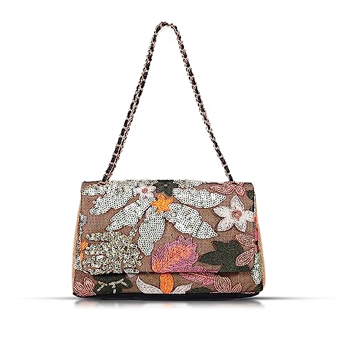 Image of Tote Bag for Women, Beach Bag, Handmade Sequin Embroidery Straw Bag Bohemian Handbag Large Capacity Shoulder Bag Suitable for Vacation, Travel, Daily, Banquet(Silver Flower)