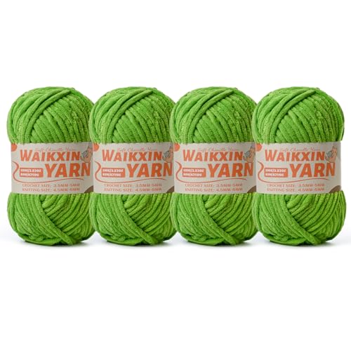 Image of (4 Lime Green) 4 Pack Super Soft Fuzzy Chenille Chunky Yarn for Crocheting, 400g (350yds) Velvet Fluffy Amigurumi Yarn for Hand Knitting Baby Blankets Weaving Craft