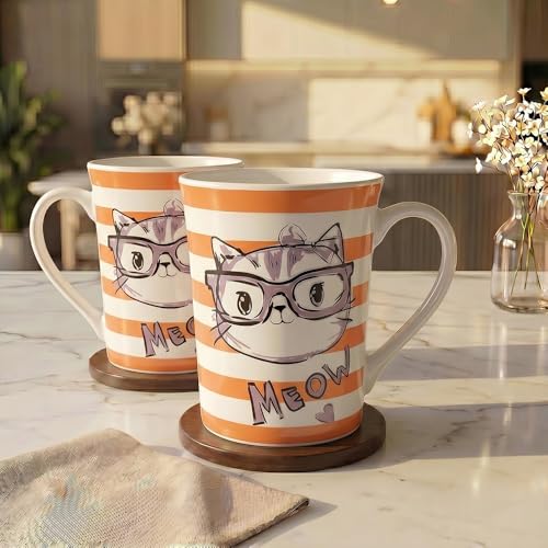 Image of UPC Cute Blue Cat Print Bone China Mug Set of 2 | Cartoon Ceramic Coffee & Tea Cups | Milk Mugs for Home, Office & Cat Lovers
