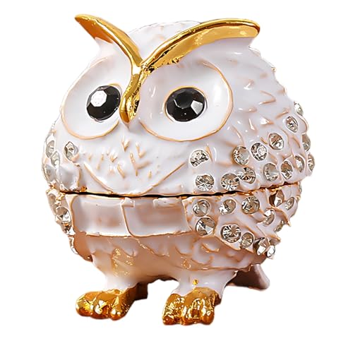 Kronabelle Joyero de búho, bonito soporte para anillos de animales pequeños, con incrustaciones de diamantes de imitación esmaltados pintados a mano con cierre de bisagras, figura decorativa para