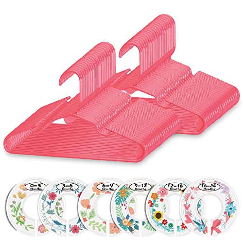 Image of Minnebaby Plastic Baby Hangers 60 Pack, Ultra Thin No Slip Infant Nursery Clothes Hangers with 6 Pcs Cute Clothing Dividers for Boys & Girls Closet Organizer, Pink Kids Hangers