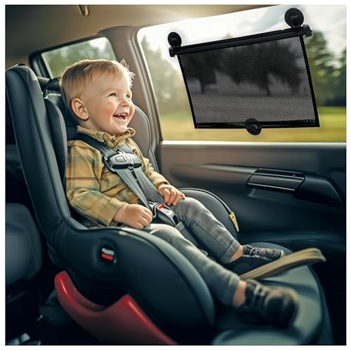 Image of Nuby 14" Roller Vehicle Side Window Sun Protection Shade for Baby | 2 Pack | Pull Down with Suction Cups and Press Button Roll Up | Black