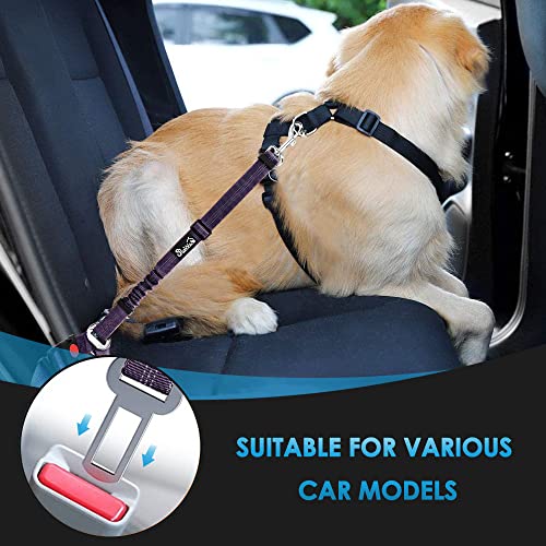 Image of SlowTon Dog Seat Belt for Car, 2 Pack Dog Car Harness Seatbelt with Bungee | 2 in 1 Pet Car Leash Headrest Restraint & Dog Safety Tether Clip, Adjustable with Elastic Buffer, Reflective, Purple M /L