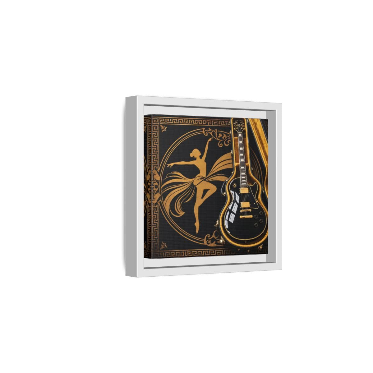 Vintage Dancer Guitar Black And Gold Framed Canvas Print – Art Deco Living Room, Above Fireplace 16×16 inch (40×40 cm) - Square/White / 1.25 inch (3 cm)