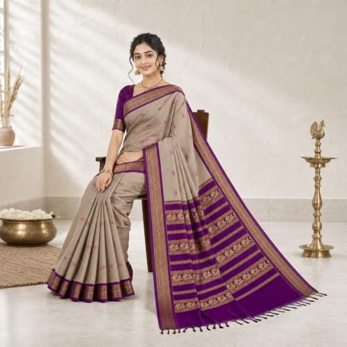 Image of Pure Kalyani Cotton Saree | Zari Border & Blouse Piece - Lata Gadwal Design | Traditional Saree