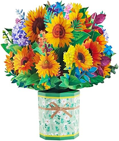 Sunflower Bouquet 3D Birthday Pop Up Cards, 3.9 x 8.7" Greeting Card Paper Flowers, Floral Gift Paper Bouquet Flowers Anniversary Card, Card for Wife, Card for Mom, Mothers Day Card with Note Card and Envelope