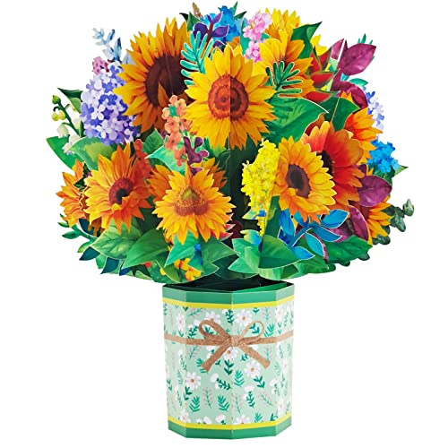 Sunflower Bouquet 3D Birthday Pop Up Cards, 3.9 X 8.7" Greeting Card Paper Flowers, Floral Gift Paper Bouquet Flowers Anniversary Card, Card For Wife, Card For Mom, Mothers Day Card With Note Card And Envelope #TOP1