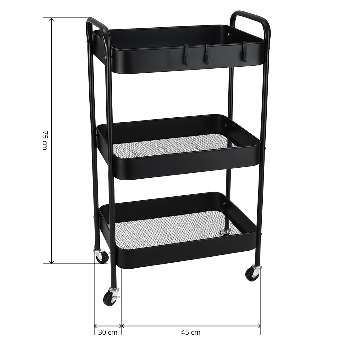 Acomoda Textil - Camarera Auxiliar para Almacenamiento Cómoda, Ligera y Resistente en Cocina, hogar y Restaurante. Carrito de Cocina Multiusos de 3 Niveles con Ruedas 30x45x75 cm. (Negro)