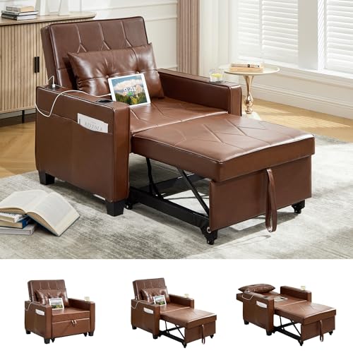 TYBOATLE Leather Convertible Sleeper Chair Bed for Adults, 3-in-1 Pull Out Sofa Chair Bed with USB/Type-C Ports, Cup Holders, Side Pockets, Single Sofa for Living Room, Bedroom, Office (Brown)