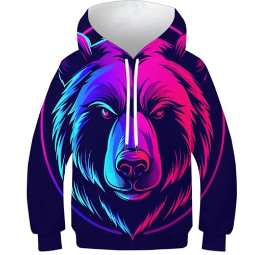 Sweat à capuche ours imprimé 3D original avec de grandes poches pratiques pour ado 13-15 ans