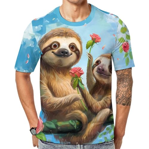 Cute Sloths & Flowers Unisex Adult T-Shirts Summer Short Sleeve Tee Casual Tops Funny Graphic XL