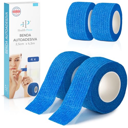 Health Press® Cerotto per Dita Auto-adesivo – 4 Rotoli Blu (2,5cm x 4,5m) | Cerotto Impermeabile | Bendaggio Elastico di Fissaggio | Nastro Resistente a Polvere, Grasso e Sporco per Dita e Mani