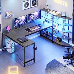 SEDETA L Shaped Gaming Desk, 63'' Reversible Computer Desk with Power Outlet and Storage Shelves, Corner Gaming Desk with LED Lights, Bookshelf for Home Office, Black