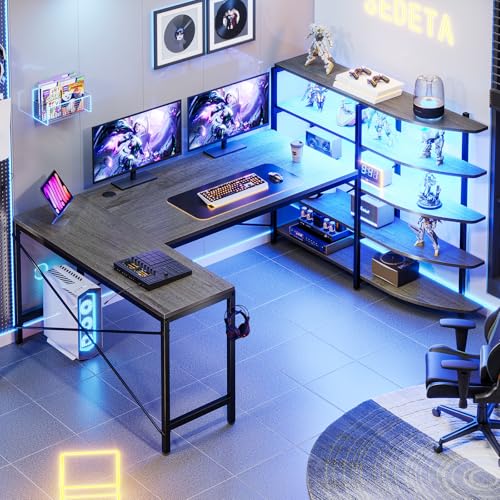 SEDETA L Shaped Gaming Desk, 63'' Reversible Computer Desk with Power Outlet and Storage Shelves, Corner Gaming Desk with LED Lights, Bookshelf for Home Office, Black