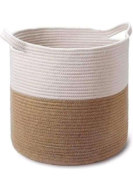 Tamak Export stores Jute Cotton Basket, Handcrafted Woven Storage Planter laundry Basket for Home Decor, Multi-Purpose Bag for Living Room Bathroom Laundry & Toys (12x12 Inches)-image-9