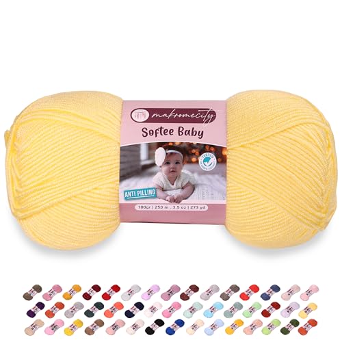 Image of Makromecity Softee Baby Yarn,%100 Premium Anti-Pilling Acrylic, 3.5 Oz, 273 yd (100gr /250 mt), Light Yellow Soft Yarn for Crocheting and Knitting (Light Yellow, 1 Skein)