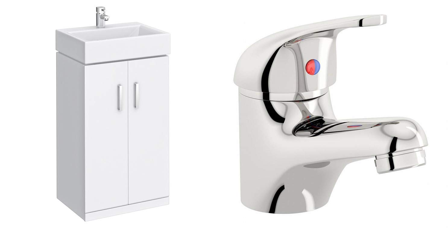 Veebath High Gloss White Linx 450Mm Compact Cloakroom Vanity Unit With Egham Designer Chrome Mixer Sink Basin Tap (Assembled)