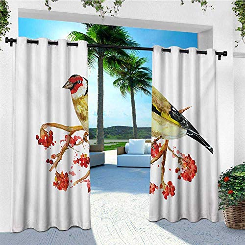 leinuoyi Rowan, Outdoor Curtain Ties, Watercolor Painting Style Cute Wild Bird on Branch with Berries Artwork, for Patio Waterproof W108 x L96 Inch Earth Yellow Red Black