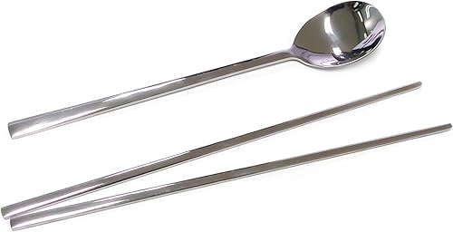 Miniatura 5 de Cubertería tradicional coreana de acero inoxidable cucharas y palillos juego de vajilla con mano larga, reutilizable (sin patrón)